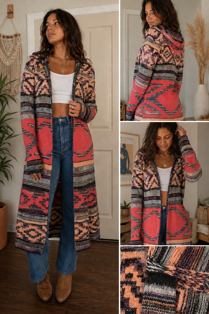 ANGIE Aztec Open Front Long Cardigan Sweater L Boho Festival Southwestern